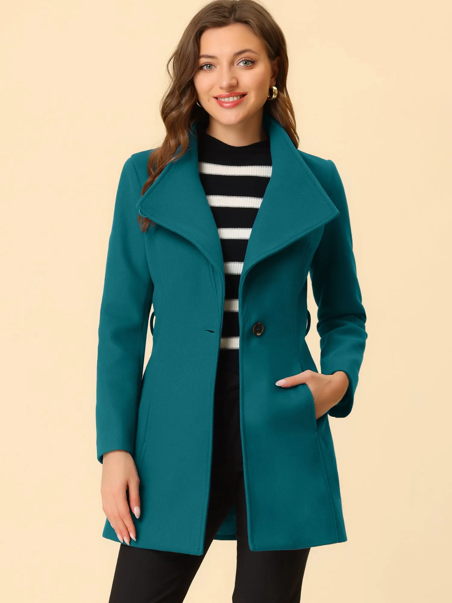 Classic Stand Collar Long Sleeve Belted Winter Coat