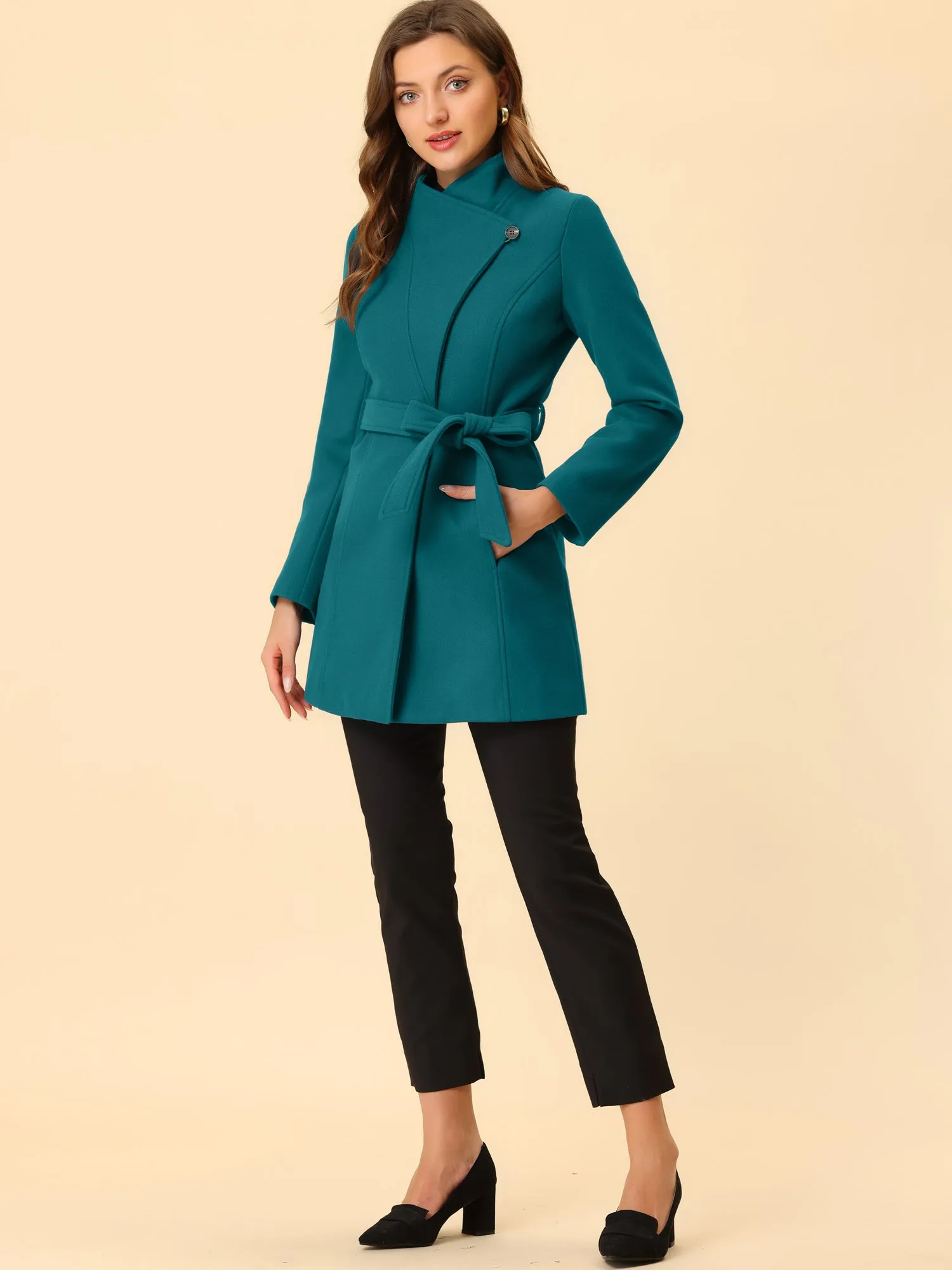 Classic Stand Collar Long Sleeve Belted Winter Coat