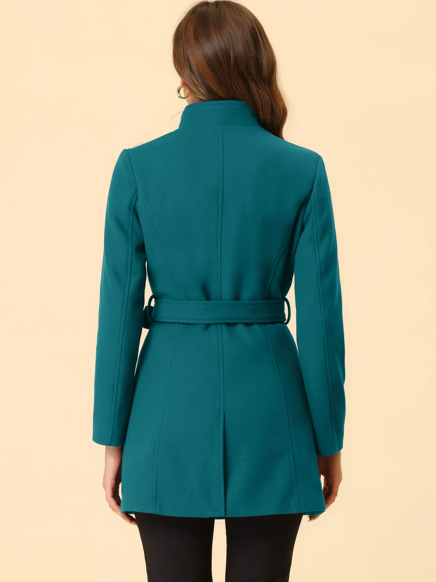 Classic Stand Collar Long Sleeve Belted Winter Coat