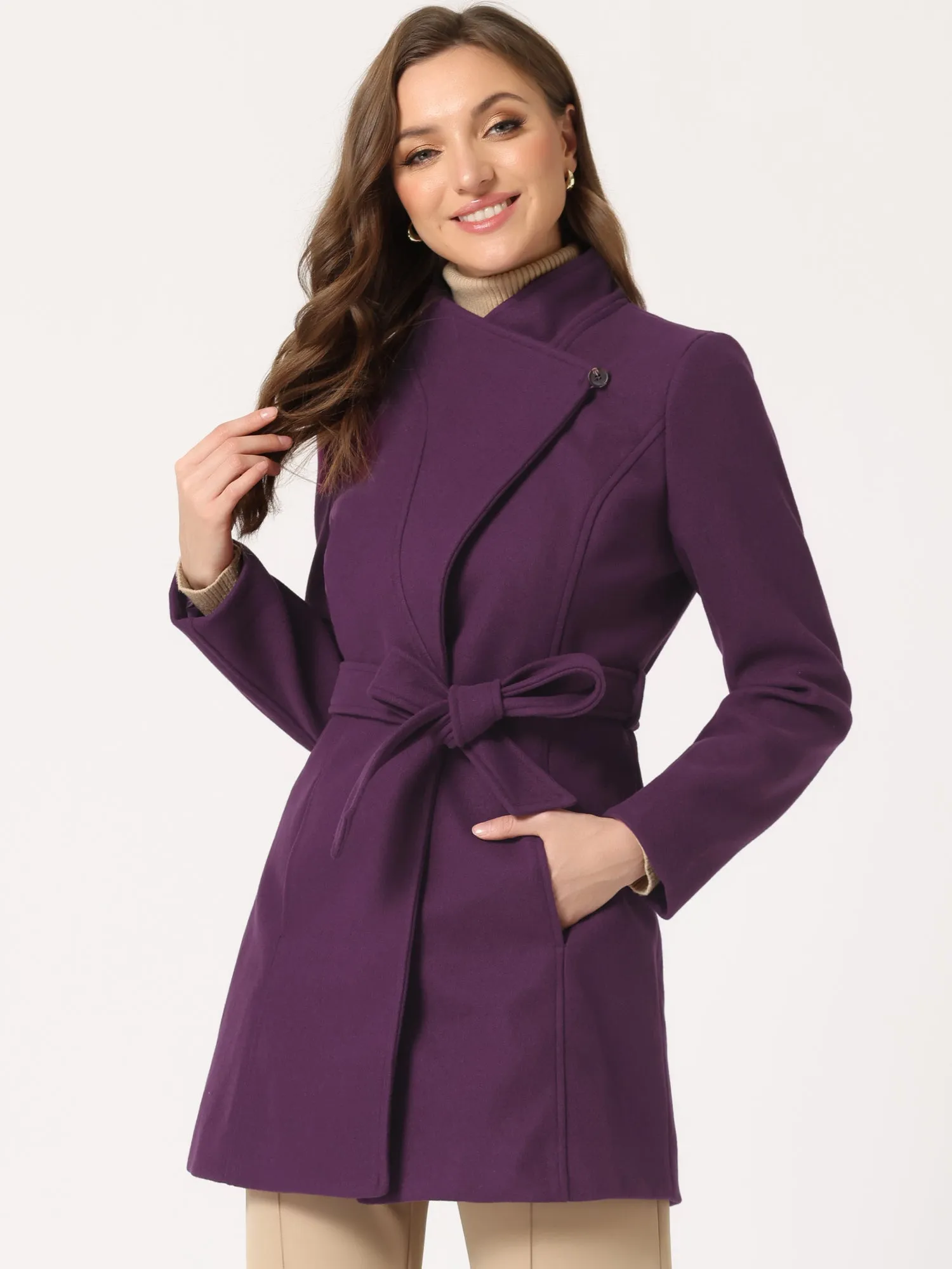 Classic Stand Collar Long Sleeve Belted Winter Coat