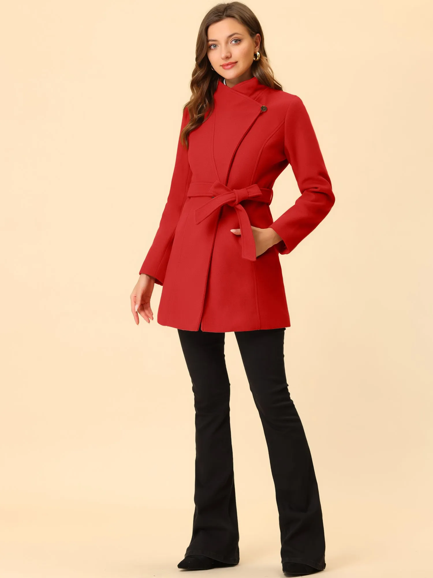 Classic Stand Collar Long Sleeve Belted Winter Coat
