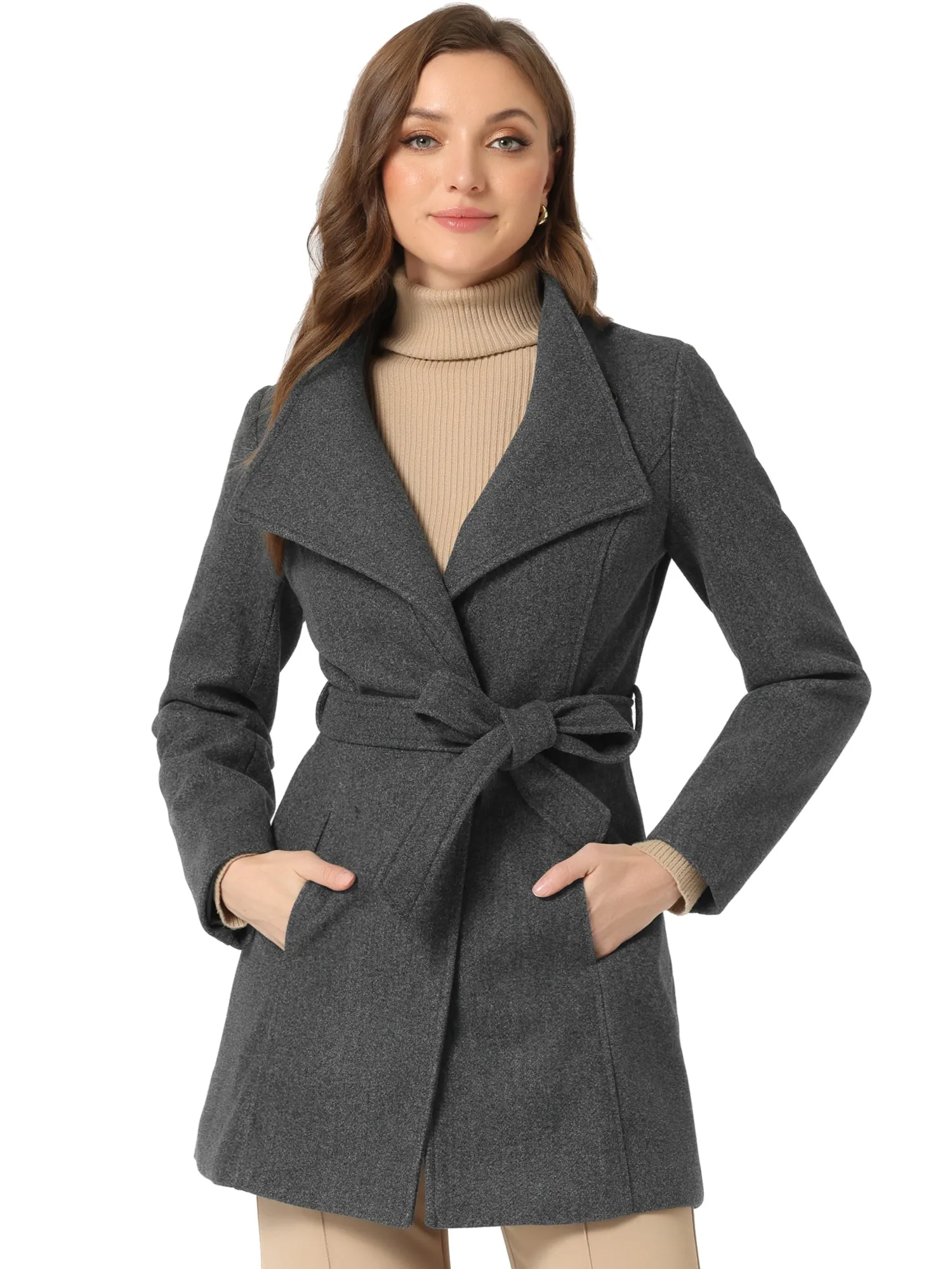 Classic Stand Collar Long Sleeve Belted Winter Coat