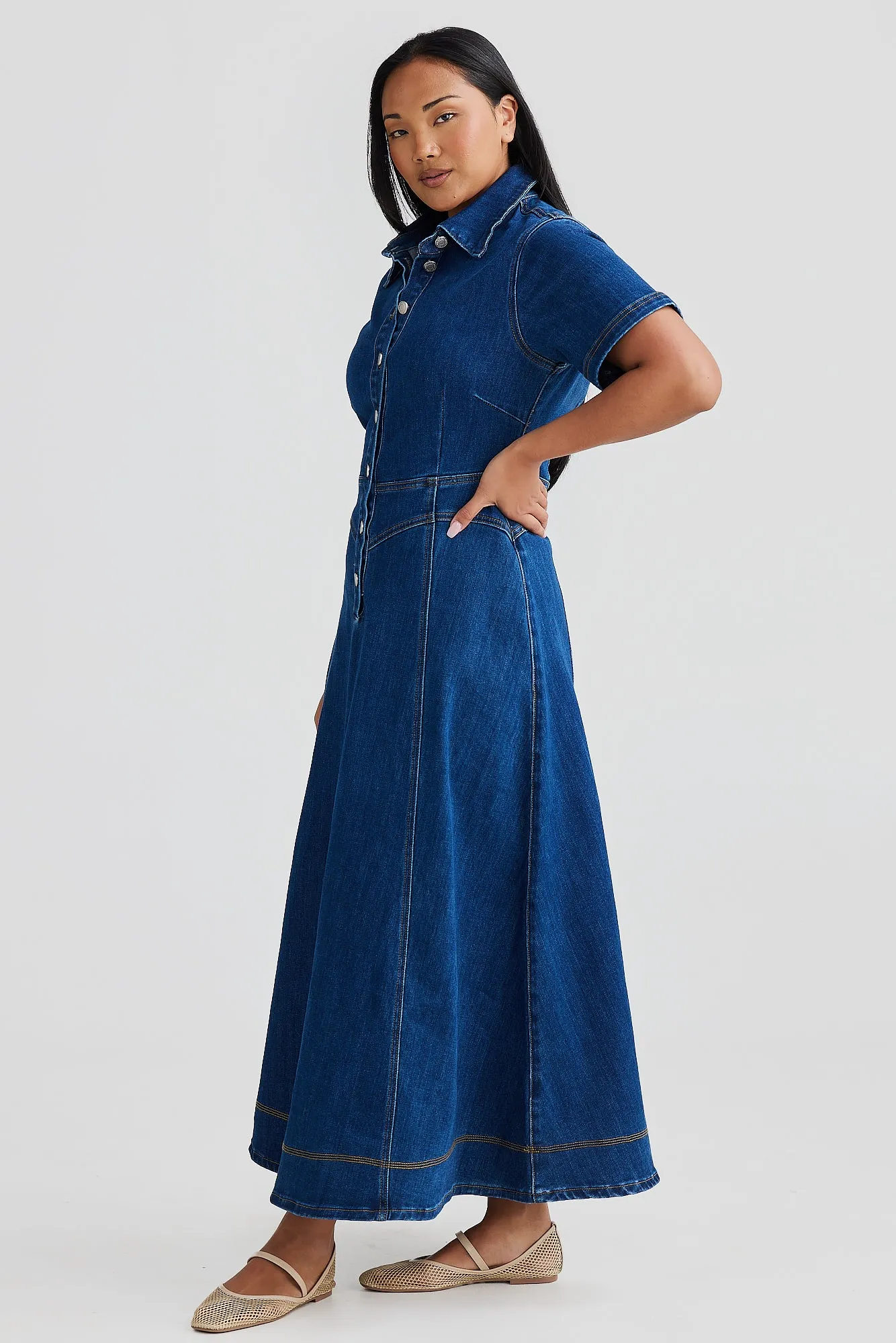Core Denim Short Sleeve Dress - Blue Denim