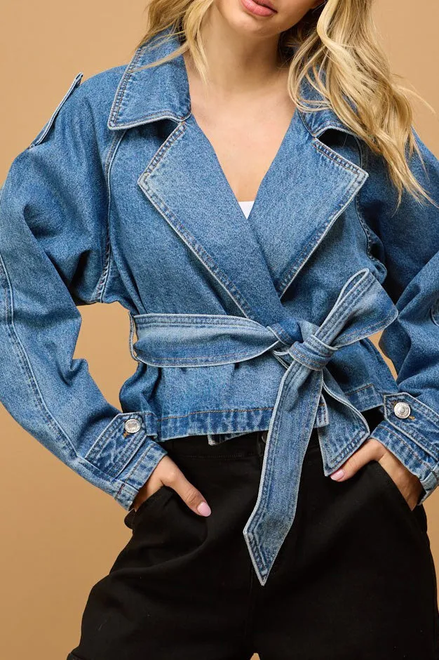 CROPPED DENIM TRENCH JACKET