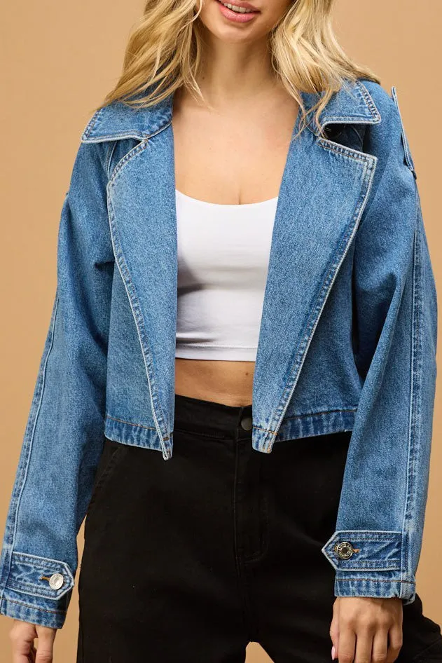 CROPPED DENIM TRENCH JACKET