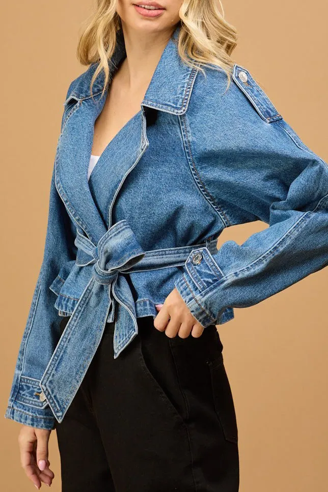 CROPPED DENIM TRENCH JACKET