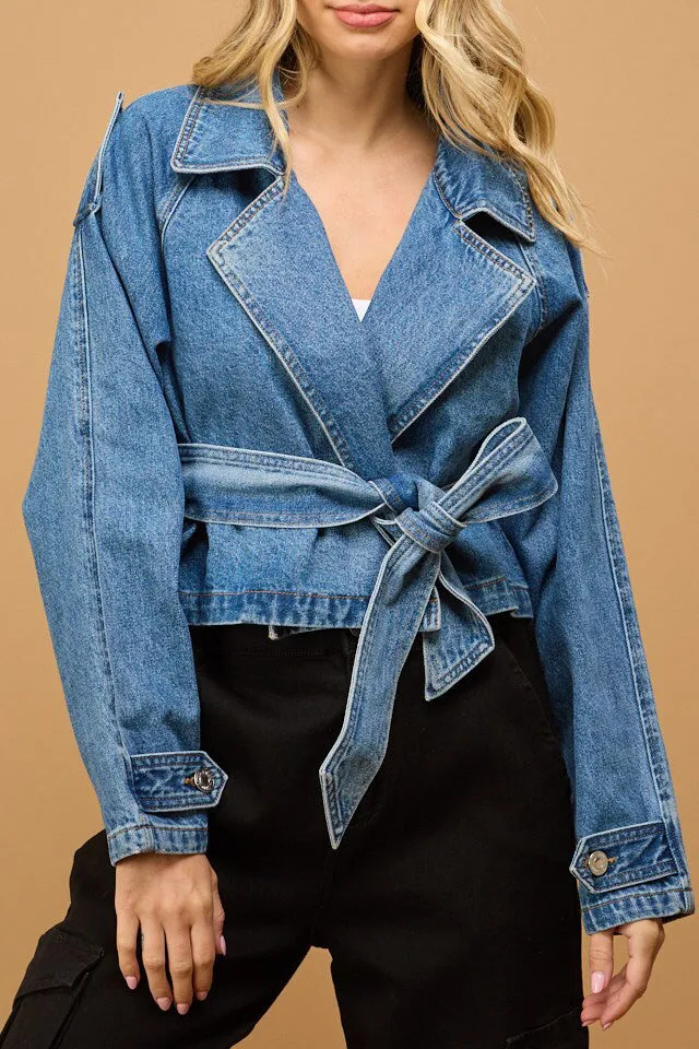 CROPPED DENIM TRENCH JACKET
