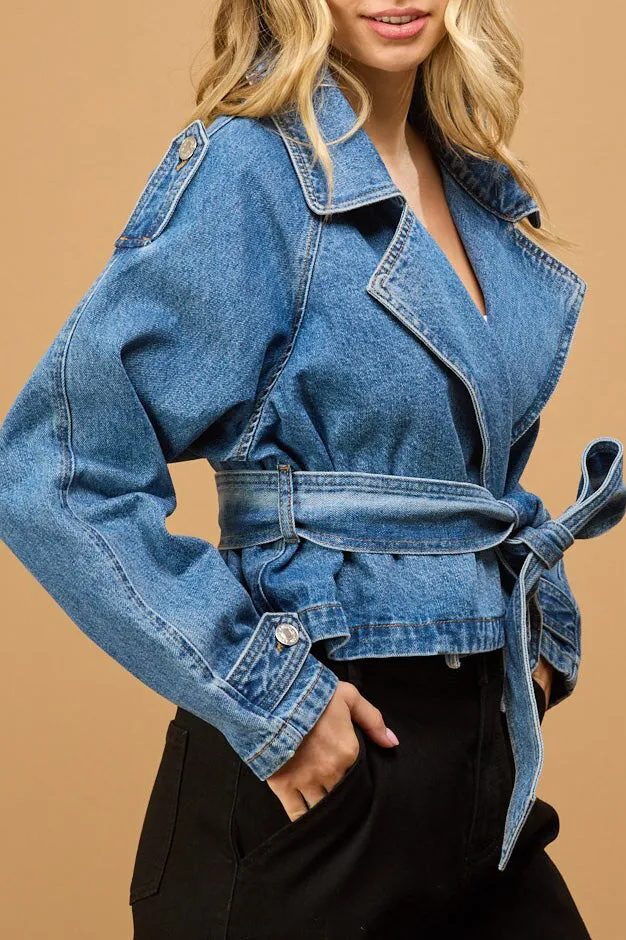 CROPPED DENIM TRENCH JACKET