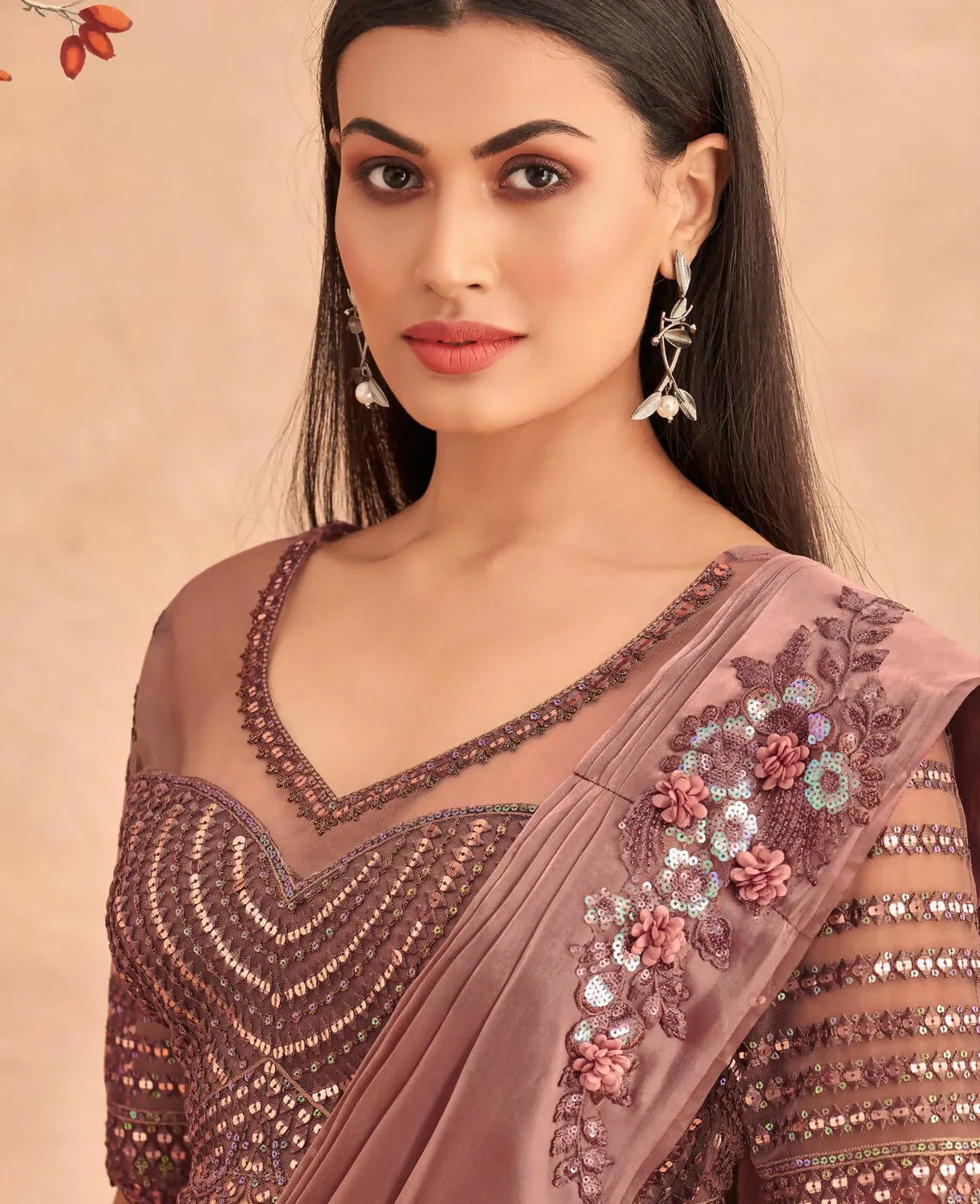 Dark Mauve Satin Embroidered Ready To Wear Saree With Unstitched Blouse Piece - Nandika