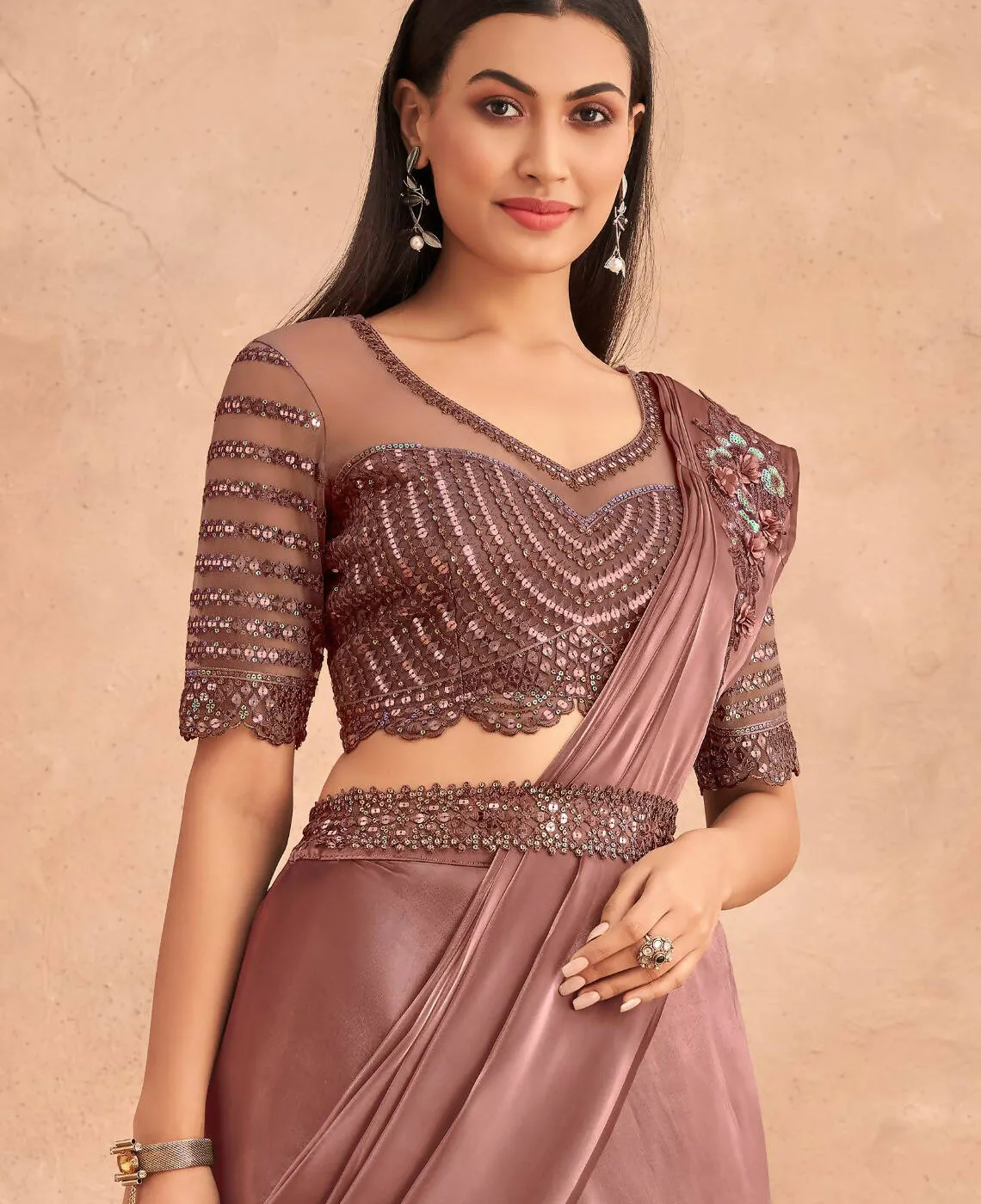 Dark Mauve Satin Embroidered Ready To Wear Saree With Unstitched Blouse Piece - Nandika