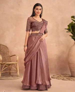 Dark Mauve Satin Embroidered Ready To Wear Saree With Unstitched Blouse Piece - Nandika