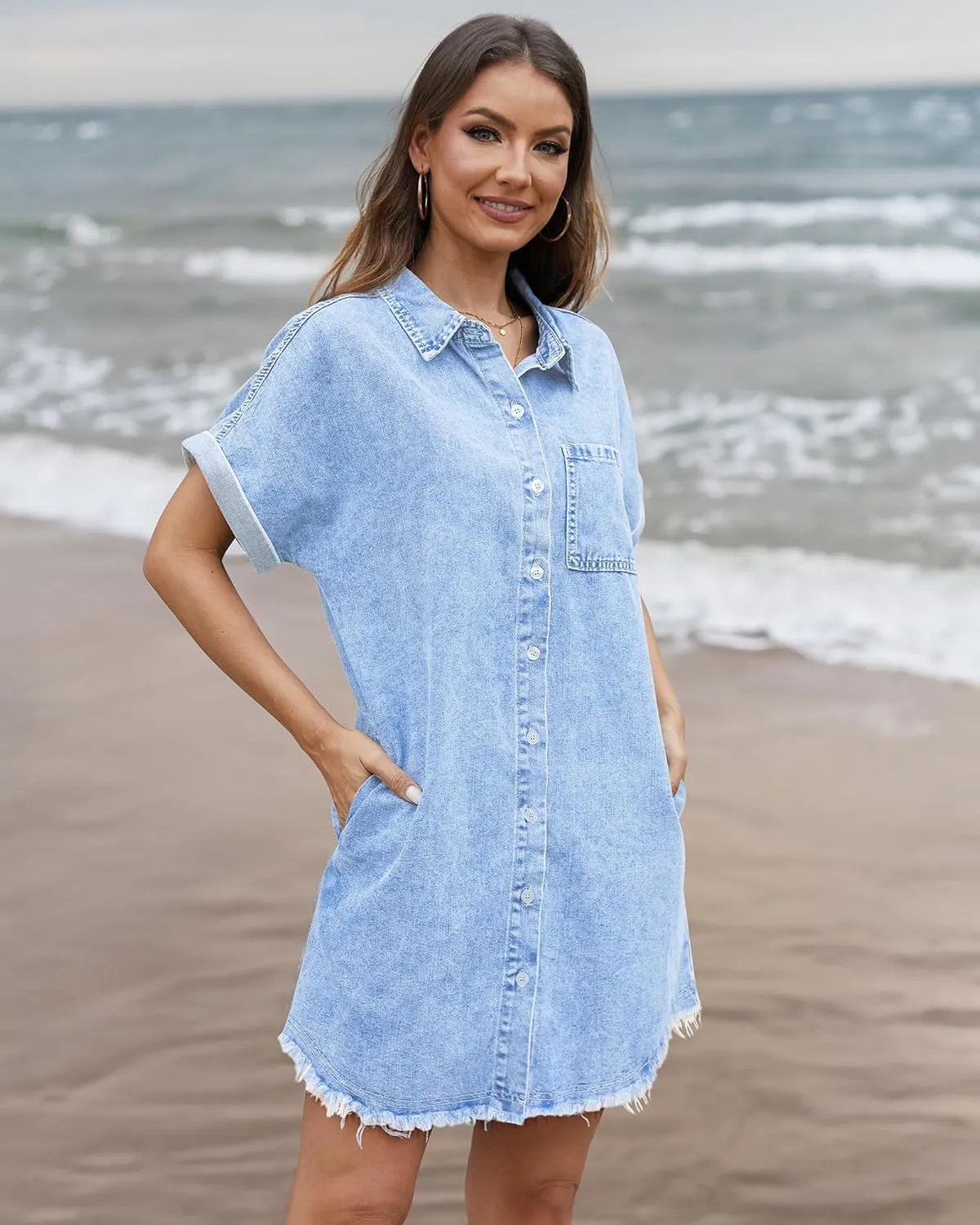 Denim Dress for Women Midi Jean Shirt Dresses Button Down Short Sleeve Summer Womens Jeans Babydoll Pockets