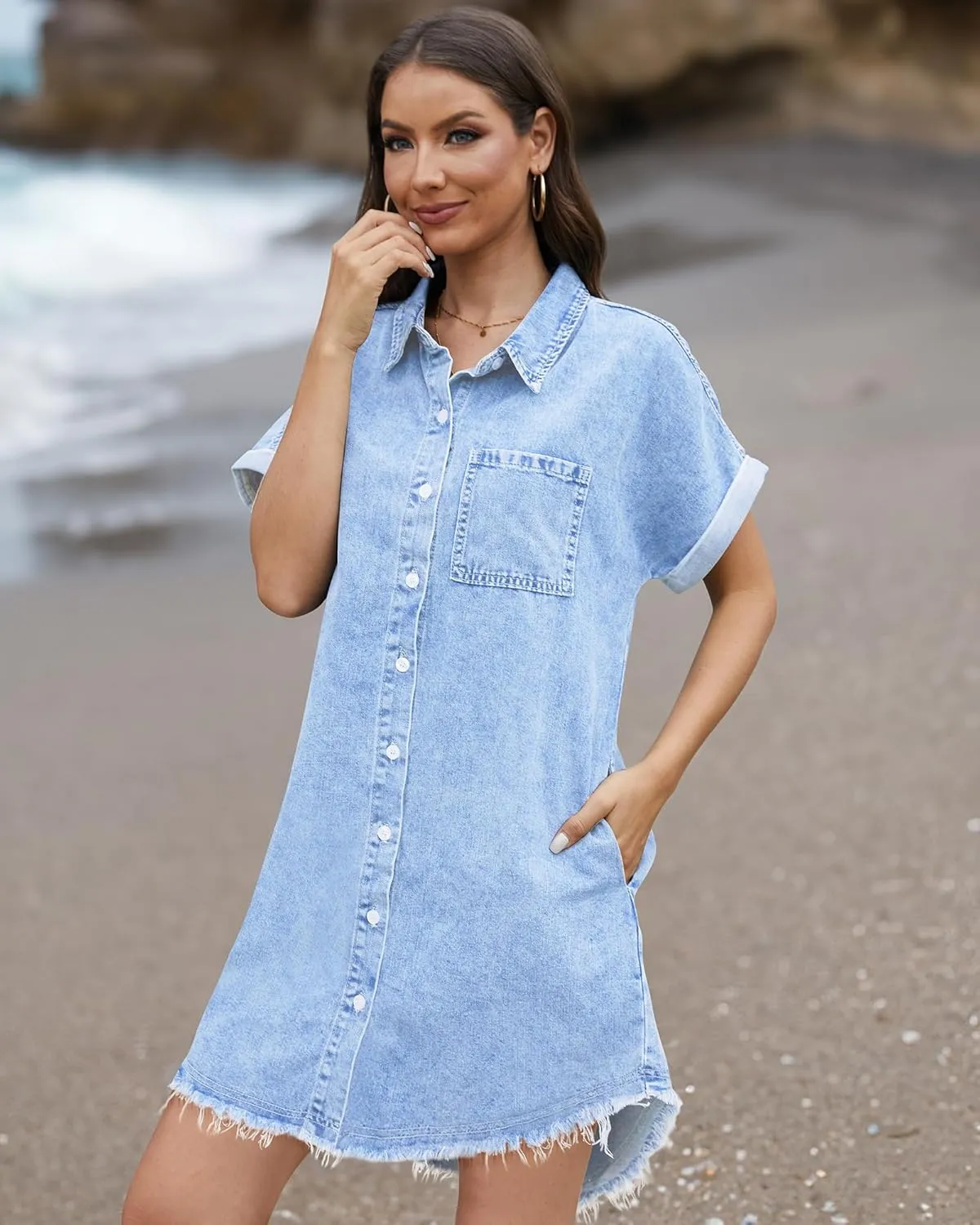 Denim Dress for Women Midi Jean Shirt Dresses Button Down Short Sleeve Summer Womens Jeans Babydoll Pockets