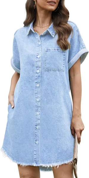 Denim Dress for Women Midi Jean Shirt Dresses Button Down Short Sleeve Summer Womens Jeans Babydoll Pockets