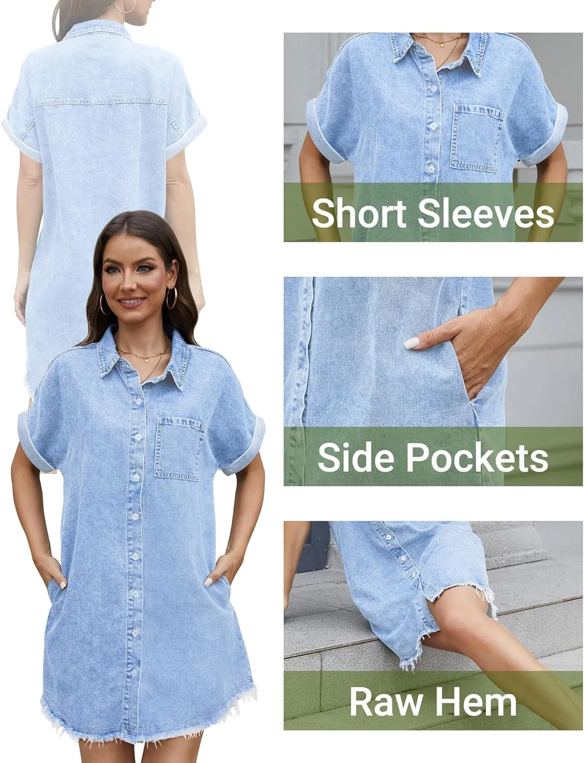 Denim Dress for Women Midi Jean Shirt Dresses Button Down Short Sleeve Summer Womens Jeans Babydoll Pockets