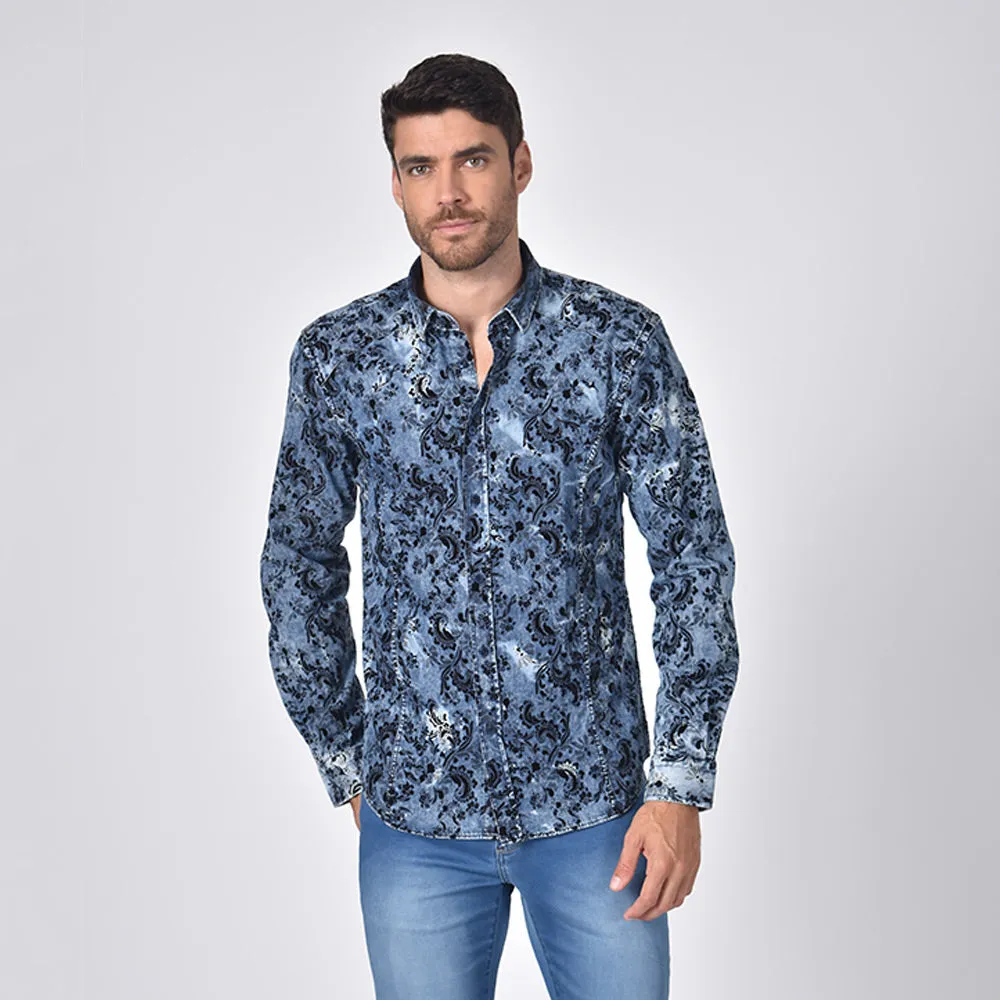 Distressed Denim  Button Down  Paisley Print W/ Slight Flocking