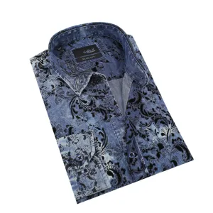 Distressed Denim  Button Down  Paisley Print W/ Slight Flocking