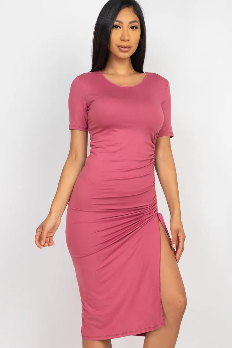 Drawstring Ruched Side Split Hem Midi Dress (CAPELLA)