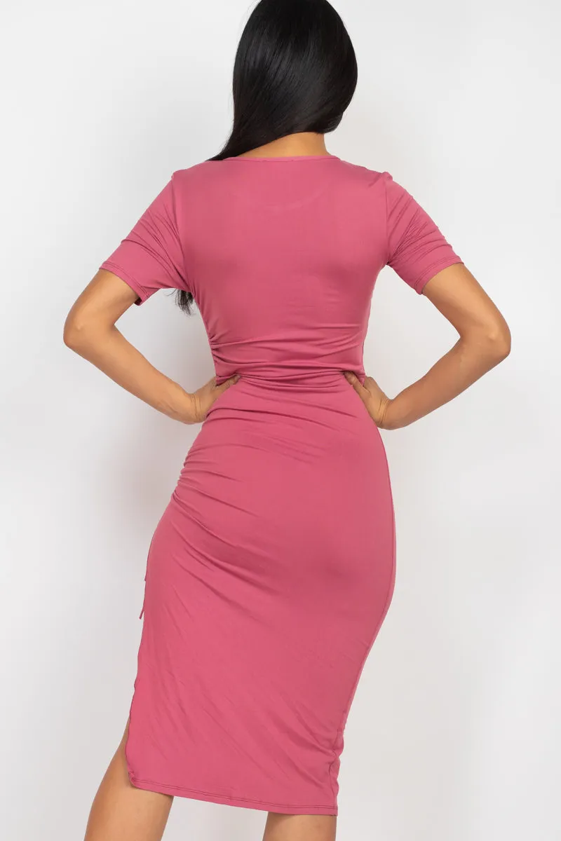 Drawstring Ruched Side Split Hem Midi Dress (CAPELLA)