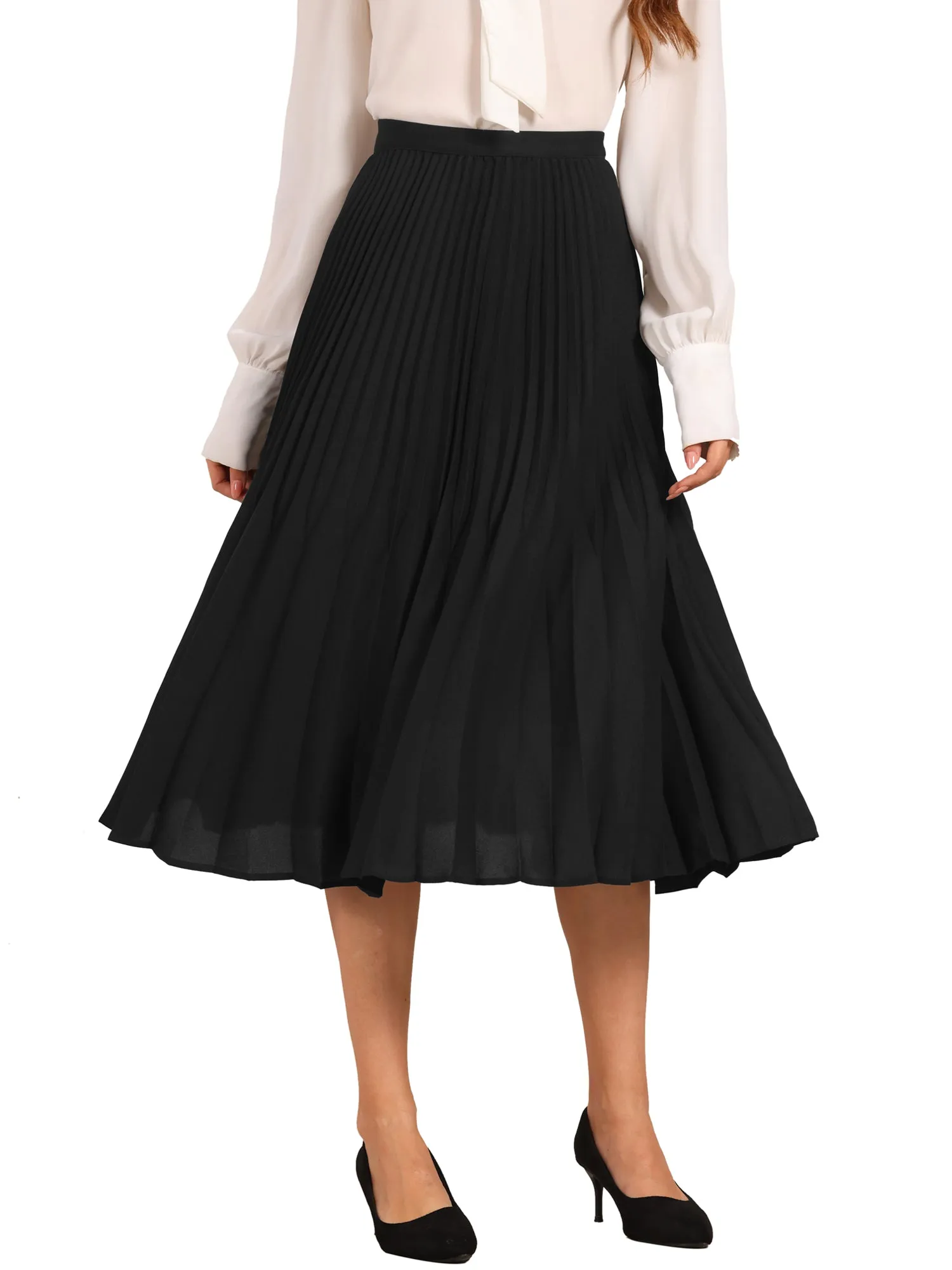 Elastic Waist Flowy A-Line Pleated Midi Skirt
