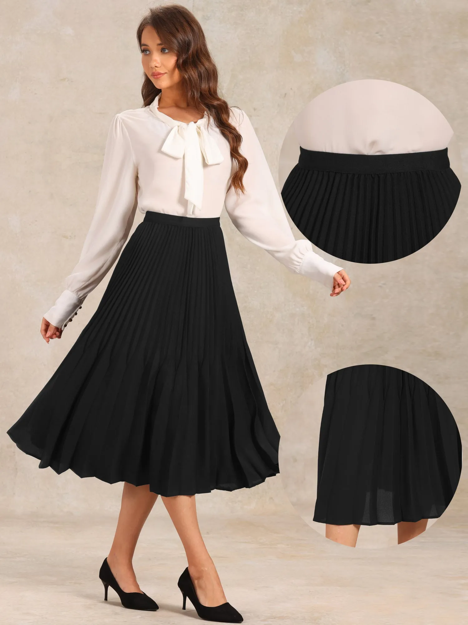 Elastic Waist Flowy A-Line Pleated Midi Skirt
