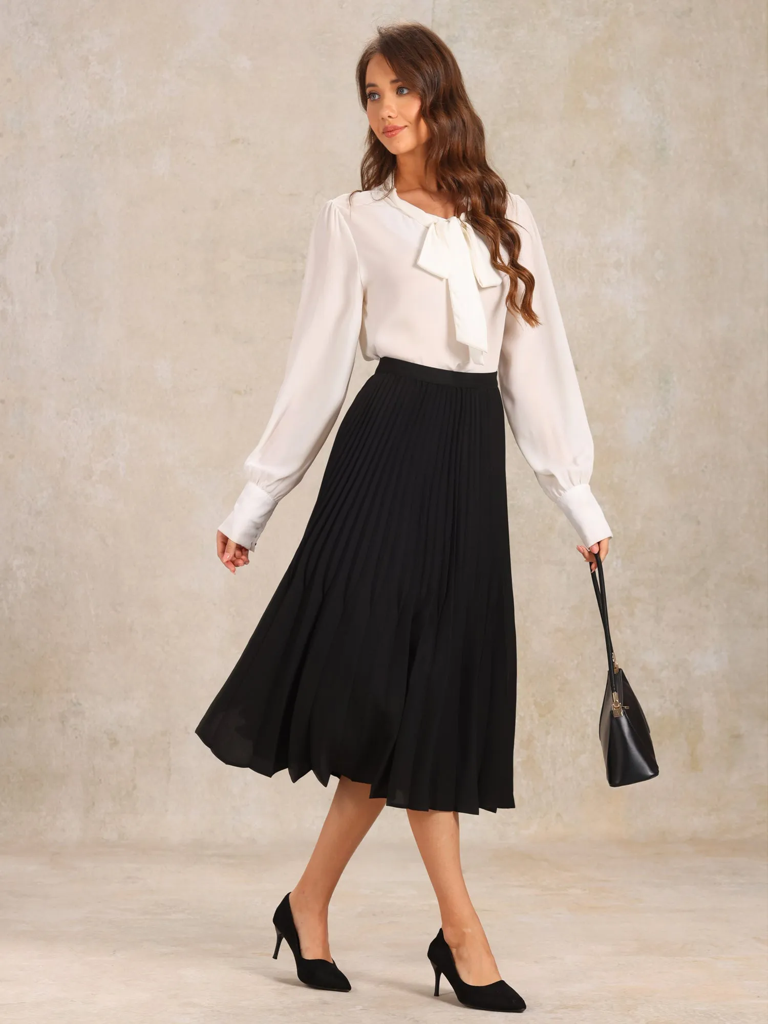 Elastic Waist Flowy A-Line Pleated Midi Skirt