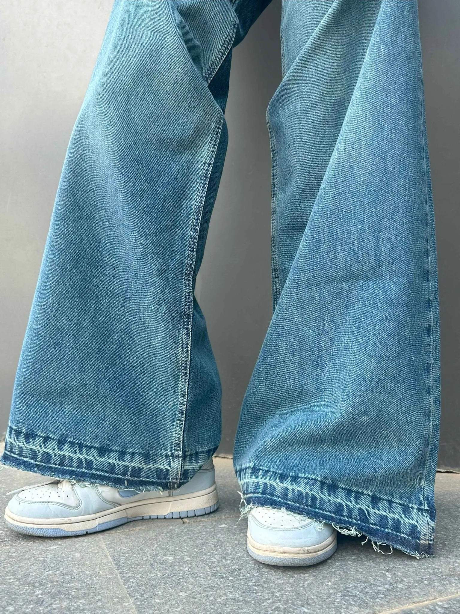 Extreme Wide Leg - Mid Vintage Blue Green Raw Hems Jeans.