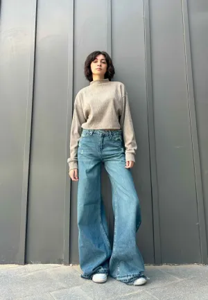 Extreme Wide Leg - Mid Vintage Blue Green Raw Hems Jeans.