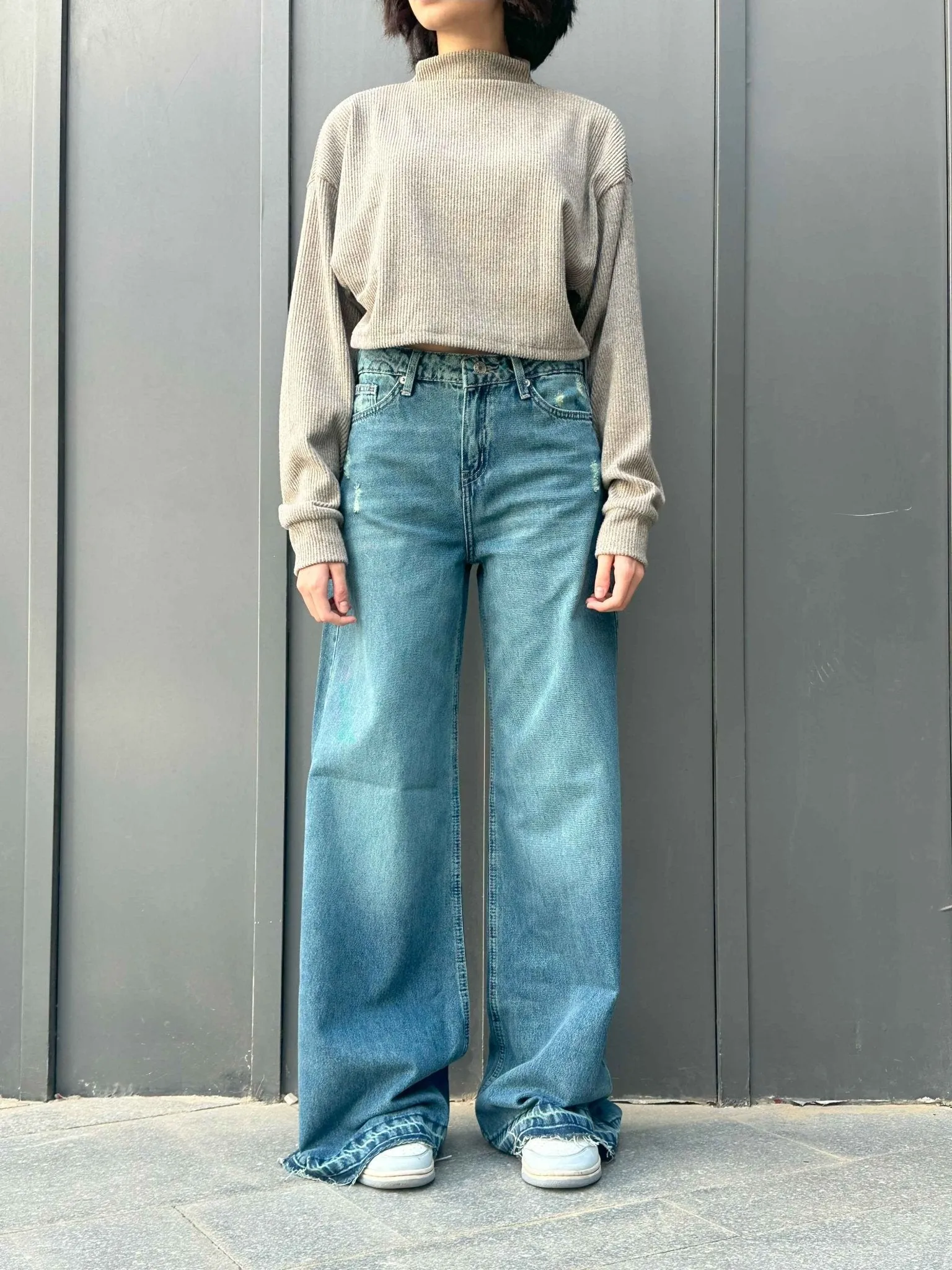 Extreme Wide Leg - Mid Vintage Blue Green Raw Hems Jeans.