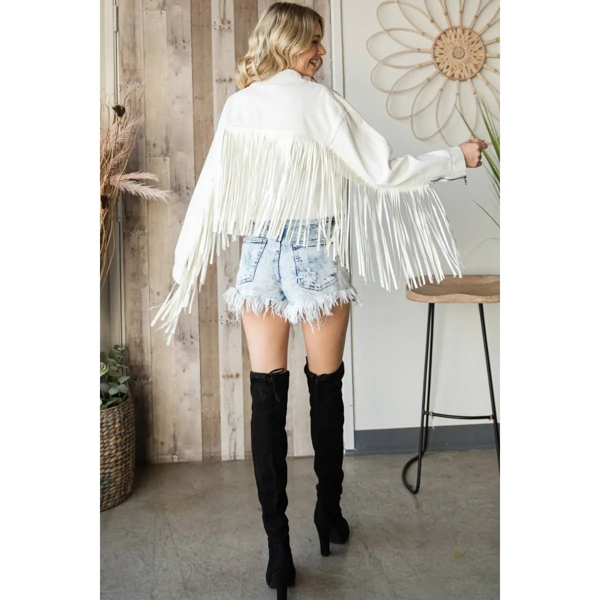 Faux Leather Fringe Cropped Jacket
