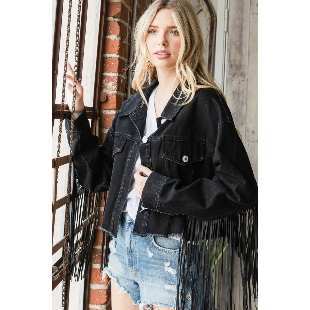 Faux Leather Fringe Cropped Jacket