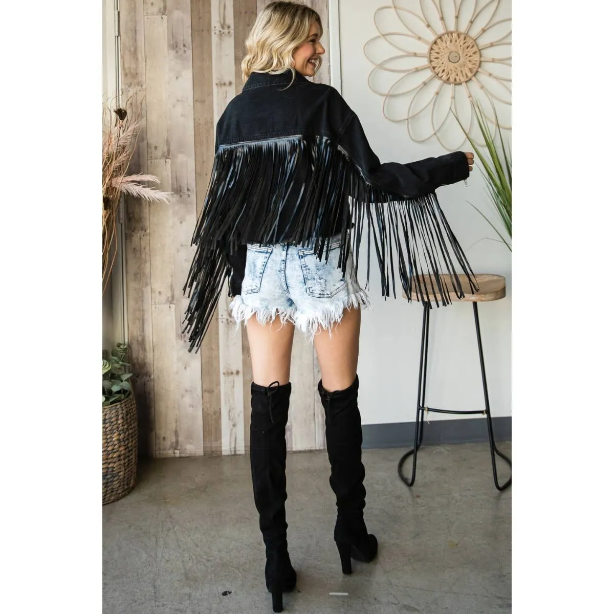 Faux Leather Fringe Cropped Jacket