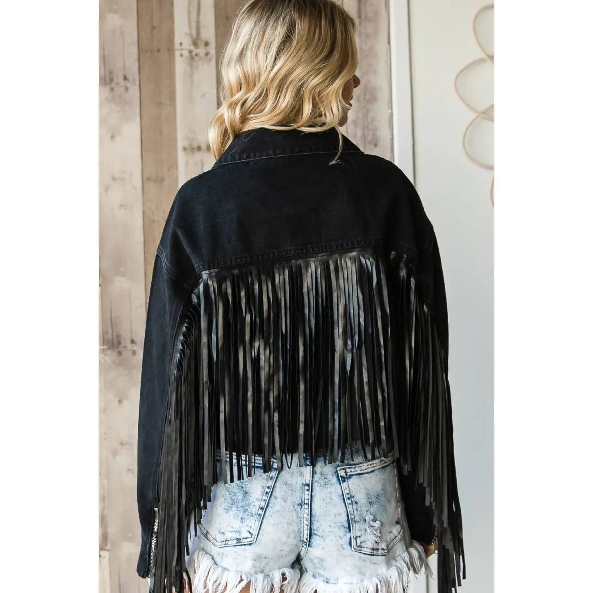 Faux Leather Fringe Cropped Jacket