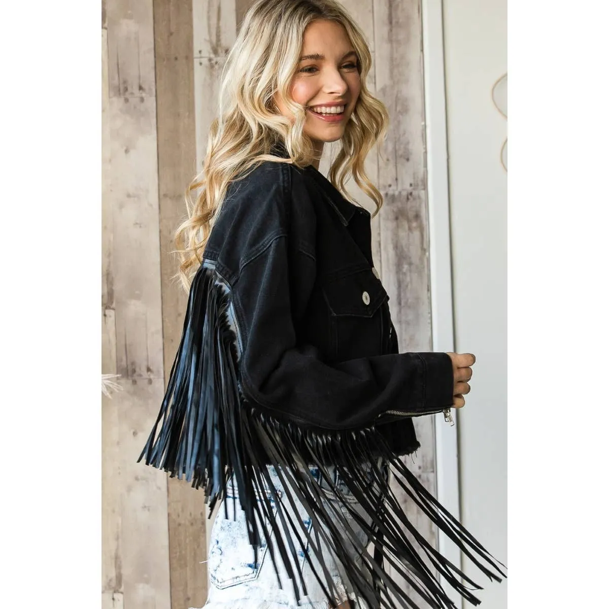 Faux Leather Fringe Cropped Jacket