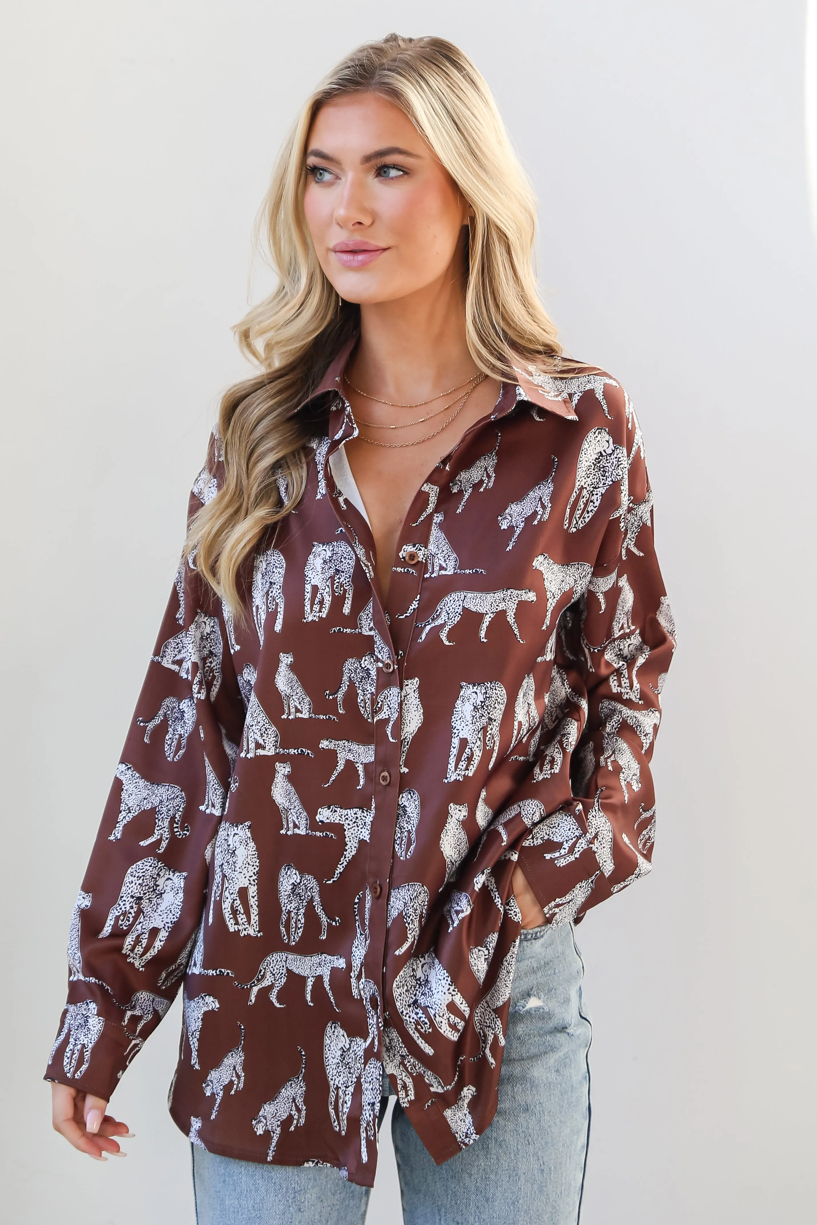 FINAL SALE - Prowling To Wow Mocha Cheetah Button-Up Blouse