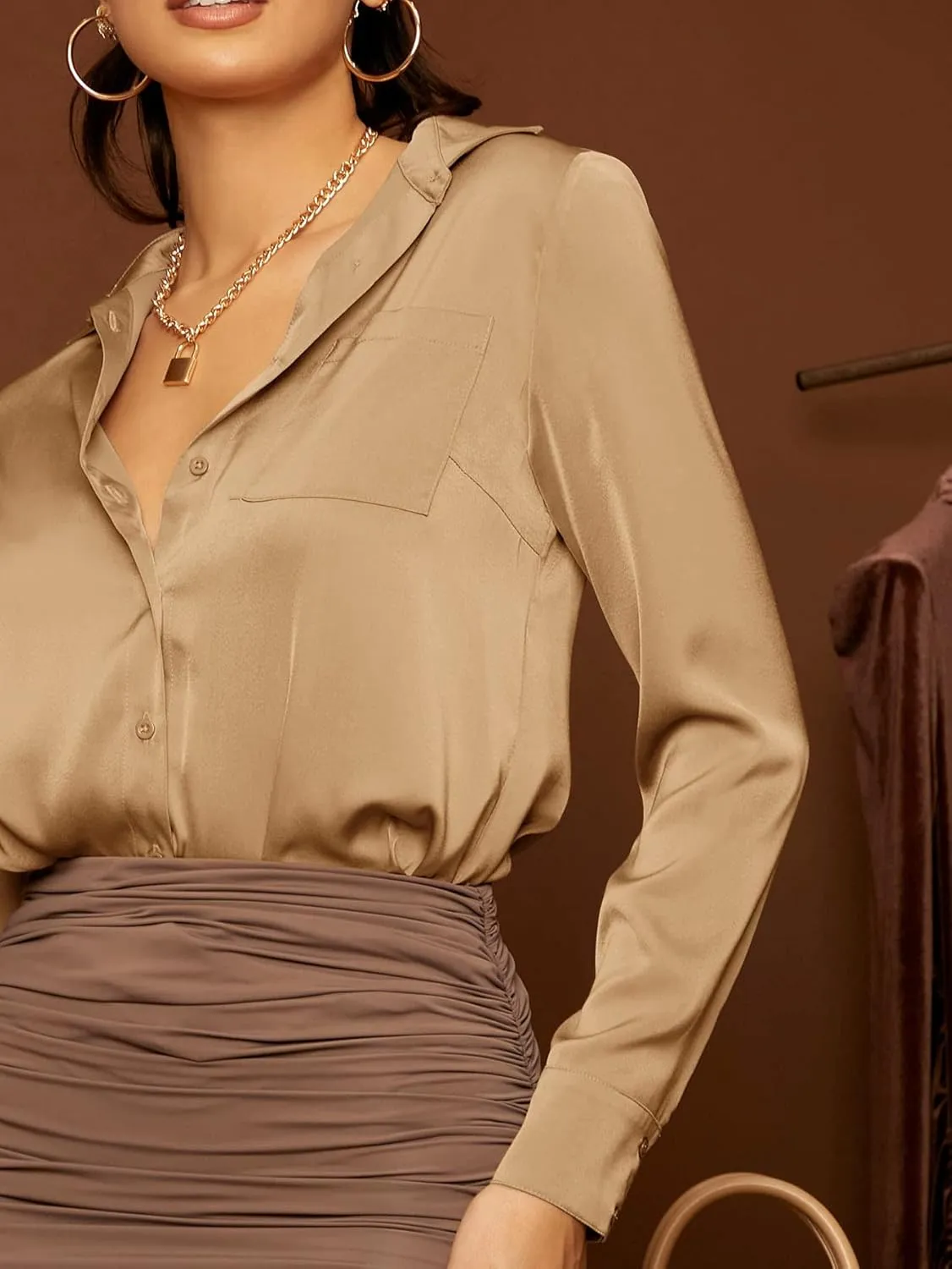 Floerns Women's Satin Long Sleeve Button Up Blouse Work Office Silky Shirts Tops