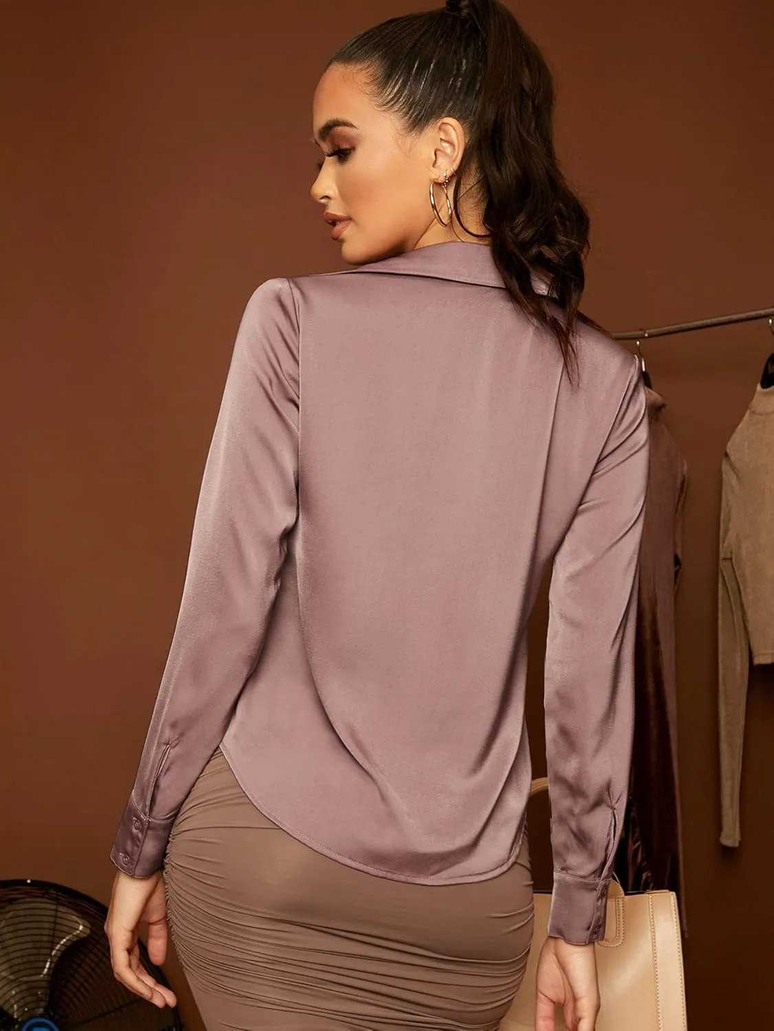 Floerns Women's Satin Long Sleeve Button Up Blouse Work Office Silky Shirts Tops