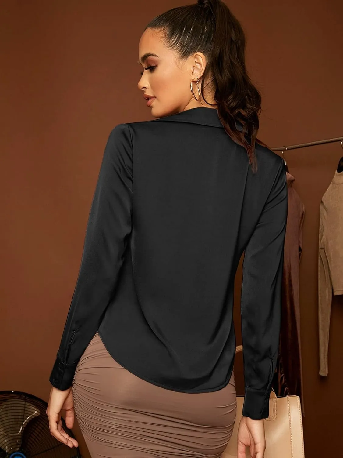 Floerns Women's Satin Long Sleeve Button Up Blouse Work Office Silky Shirts Tops