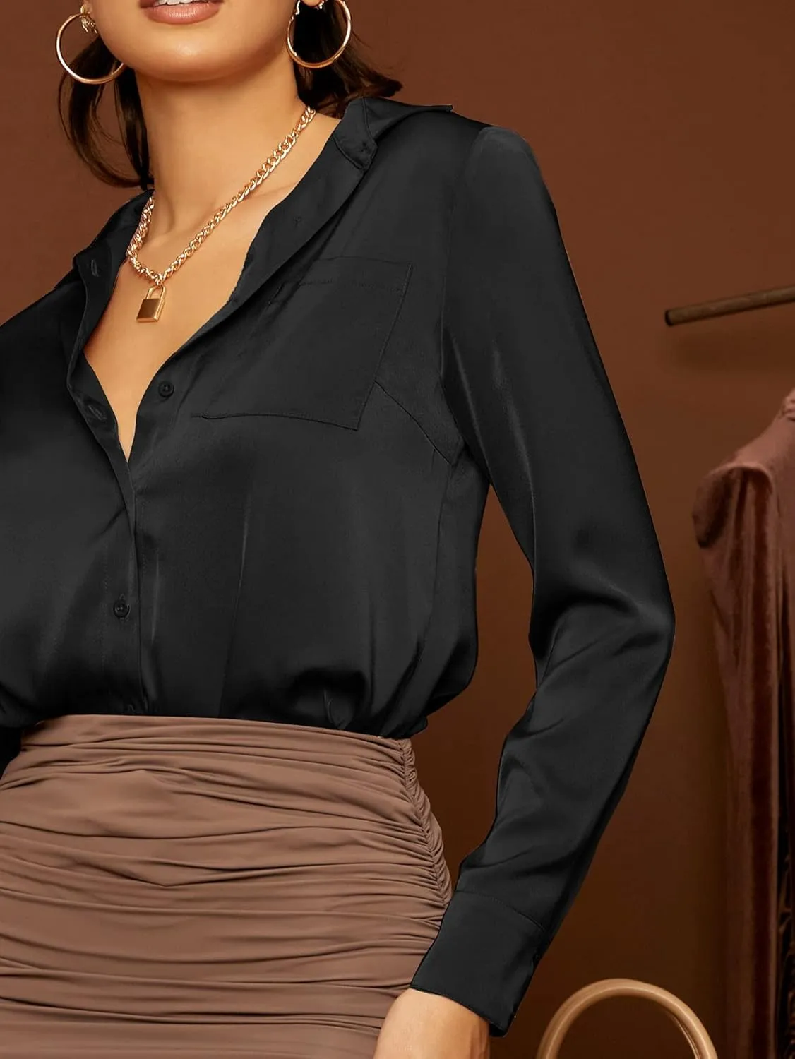 Floerns Women's Satin Long Sleeve Button Up Blouse Work Office Silky Shirts Tops