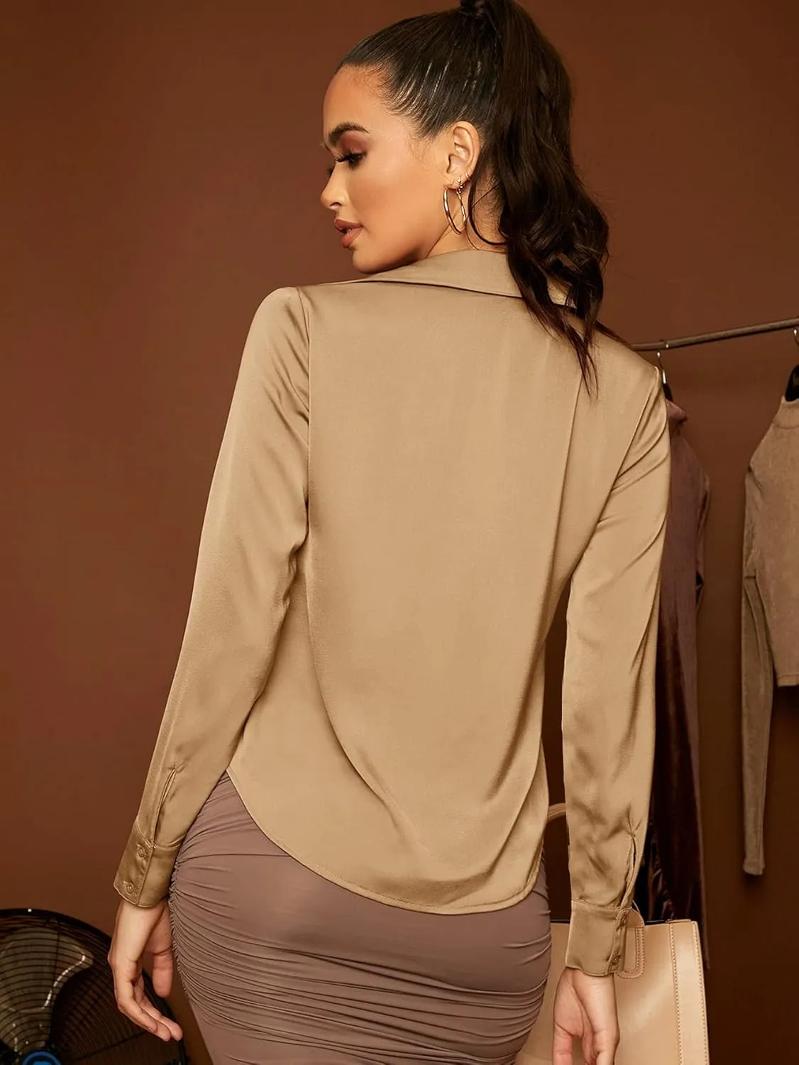 Floerns Women's Satin Long Sleeve Button Up Blouse Work Office Silky Shirts Tops