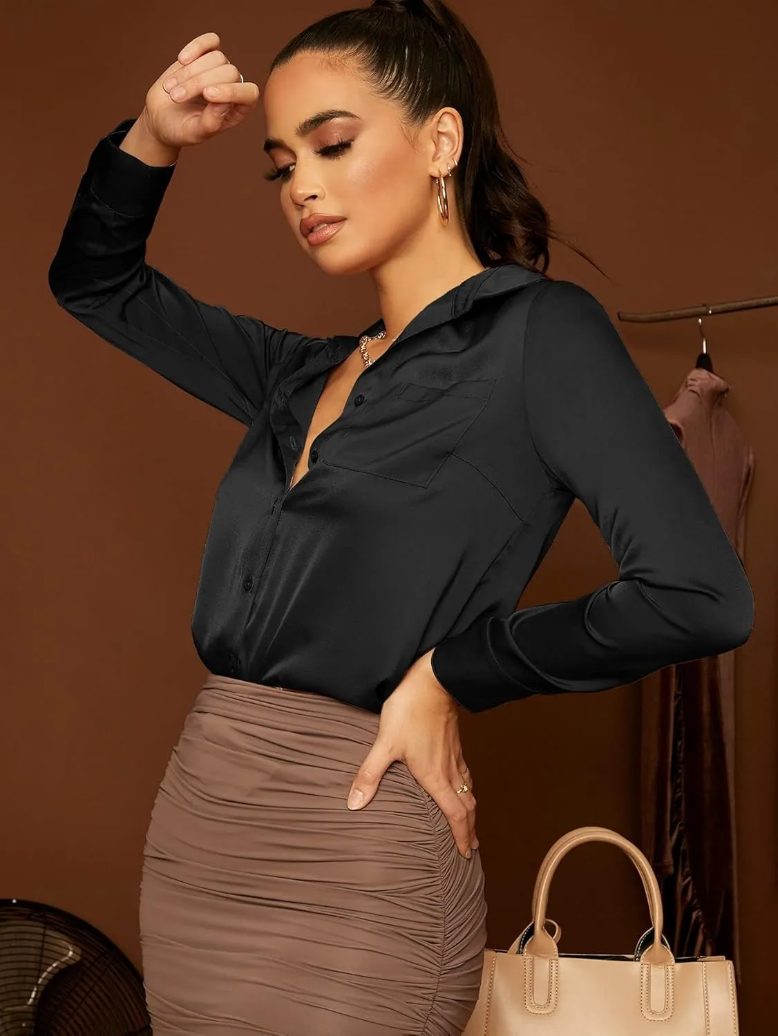 Floerns Women's Satin Long Sleeve Button Up Blouse Work Office Silky Shirts Tops