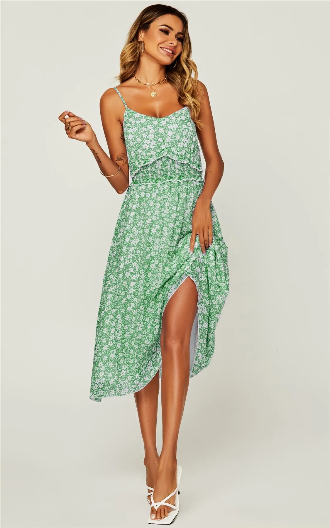 Flora Print Frill Trim Detail Wrap Strappy Midi Dress In Light Green