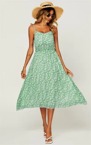 Flora Print Frill Trim Detail Wrap Strappy Midi Dress In Light Green