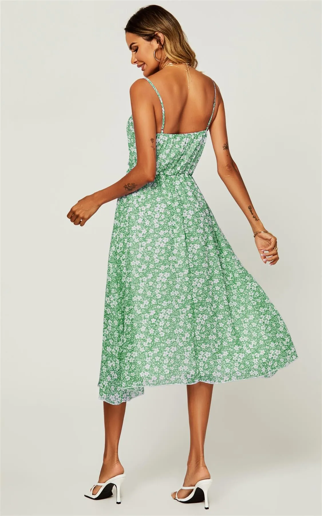 Flora Print Frill Trim Detail Wrap Strappy Midi Dress In Light Green