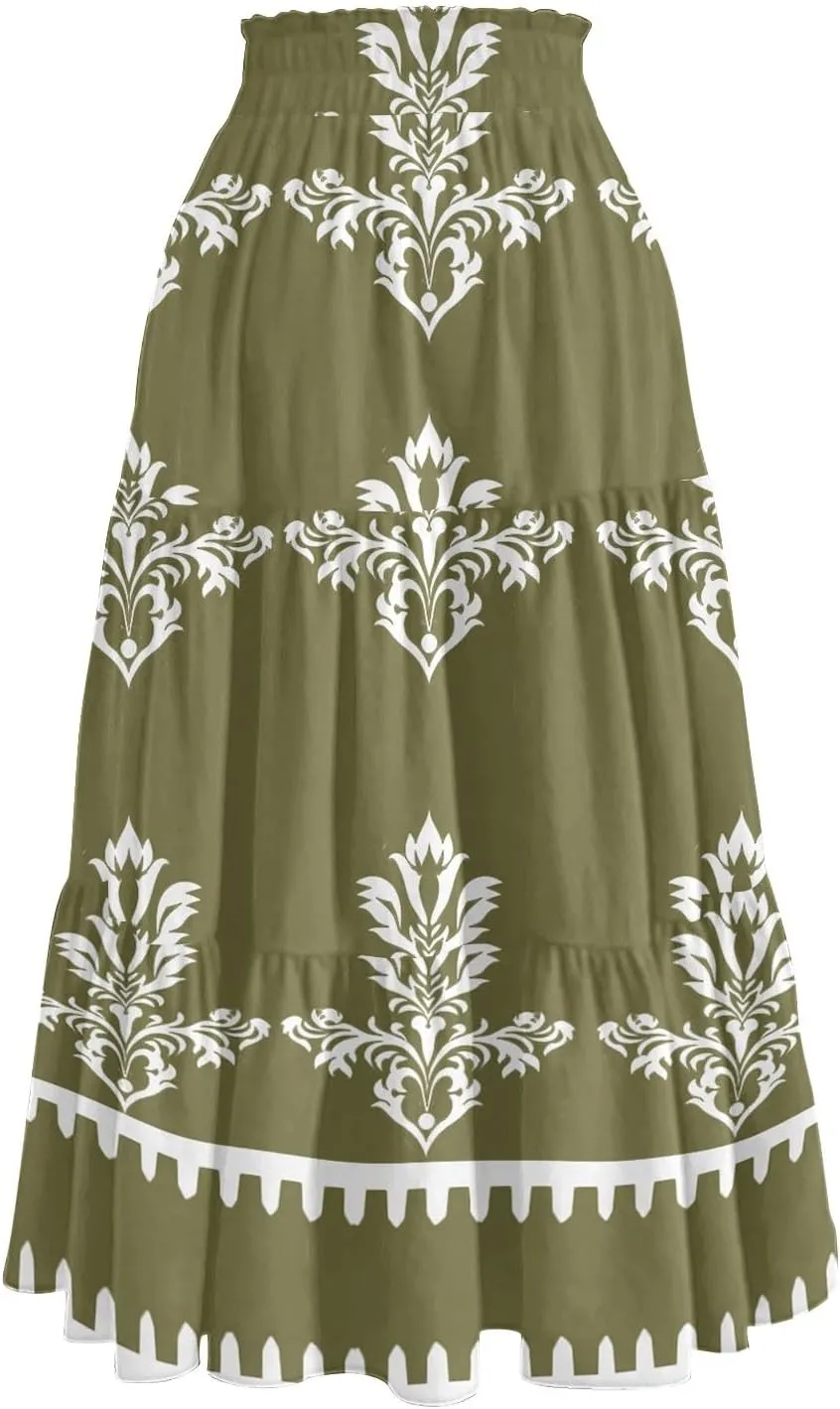 Floral Midi Skirts for Women Summer Tiered Drawstring High Waist Mid Calf Skirts Pleated A-Line Boho Skirt with Pocket