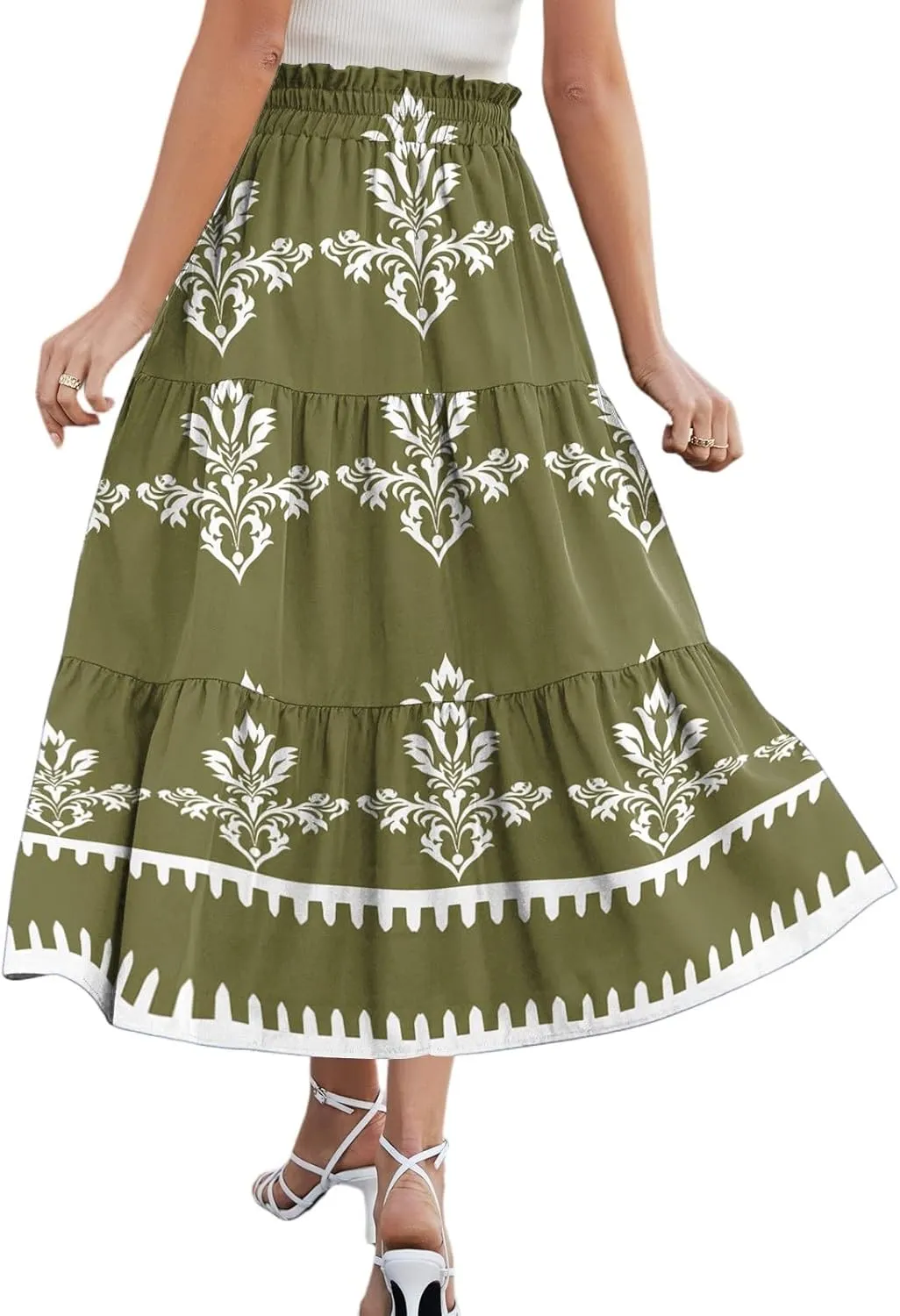 Floral Midi Skirts for Women Summer Tiered Drawstring High Waist Mid Calf Skirts Pleated A-Line Boho Skirt with Pocket