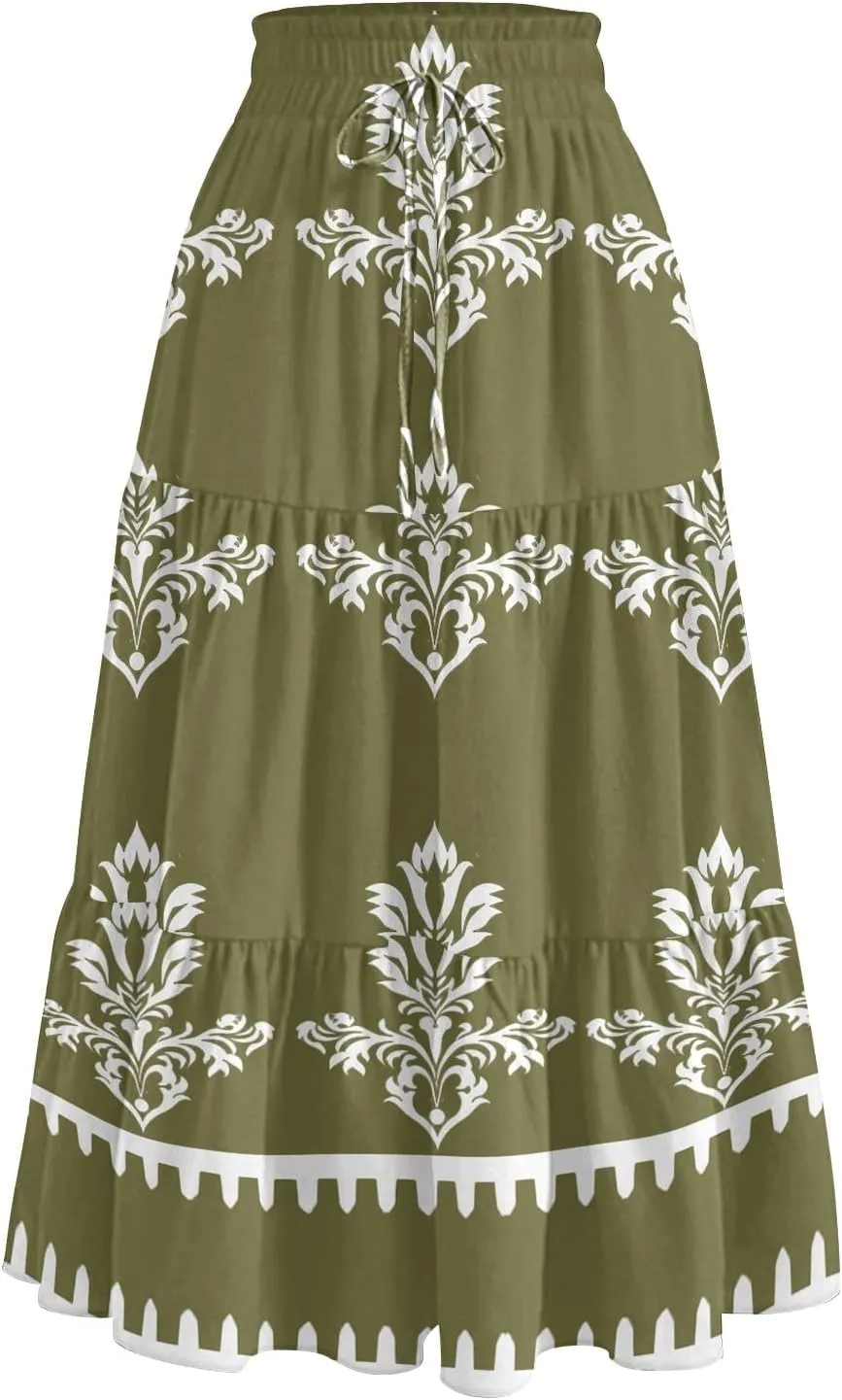 Floral Midi Skirts for Women Summer Tiered Drawstring High Waist Mid Calf Skirts Pleated A-Line Boho Skirt with Pocket