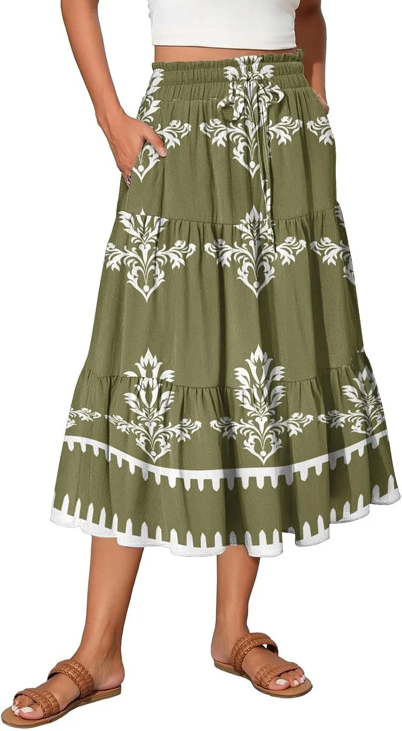 Floral Midi Skirts for Women Summer Tiered Drawstring High Waist Mid Calf Skirts Pleated A-Line Boho Skirt with Pocket