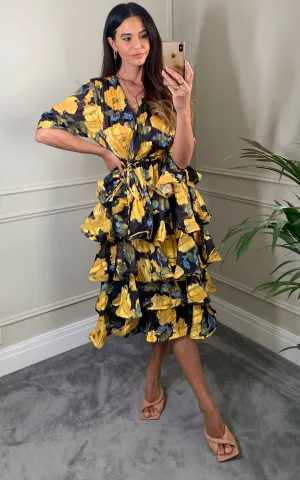 Floral Print Ruffl Multi Layer Hem design Dress in Yellow