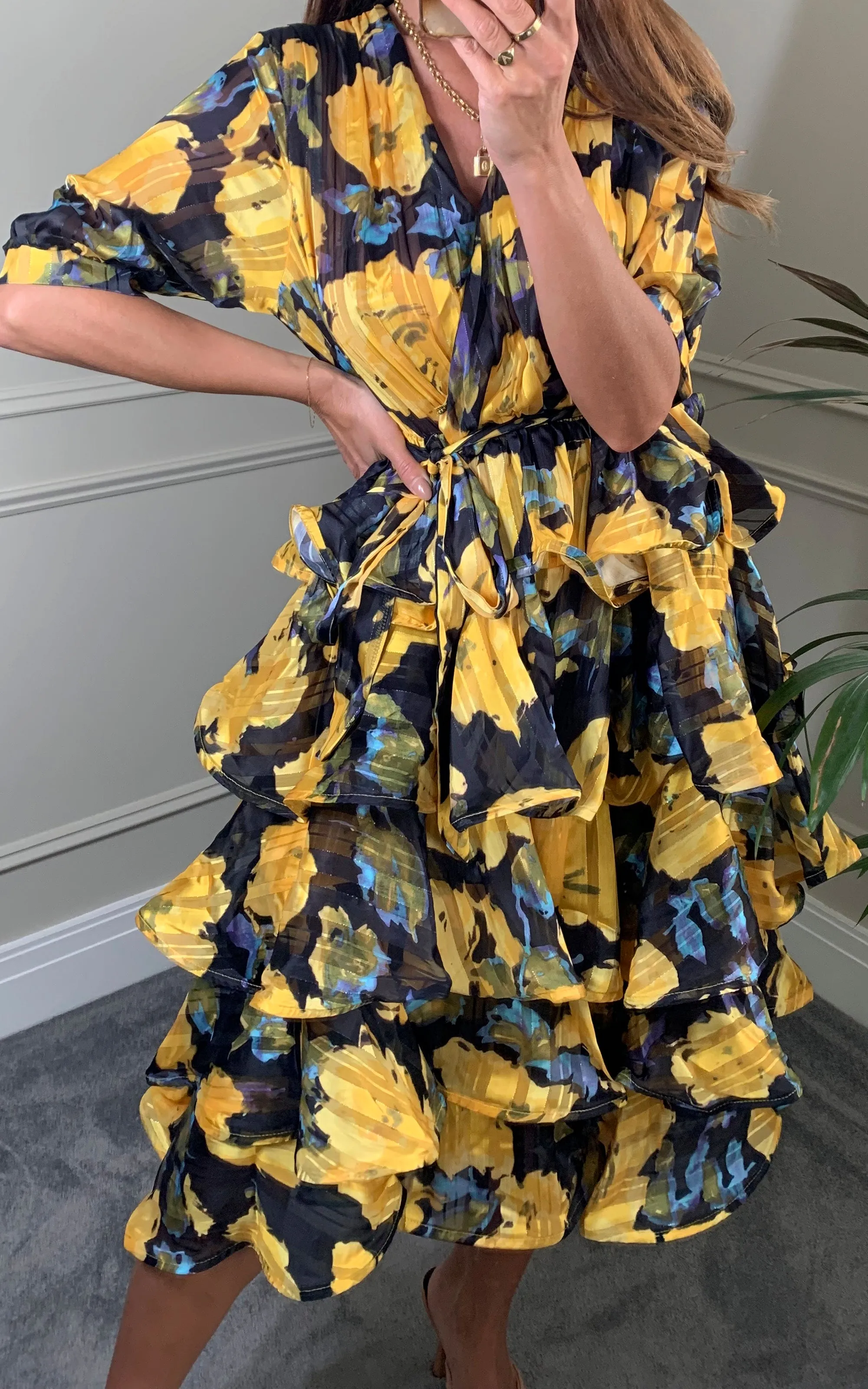 Floral Print Ruffl Multi Layer Hem design Dress in Yellow